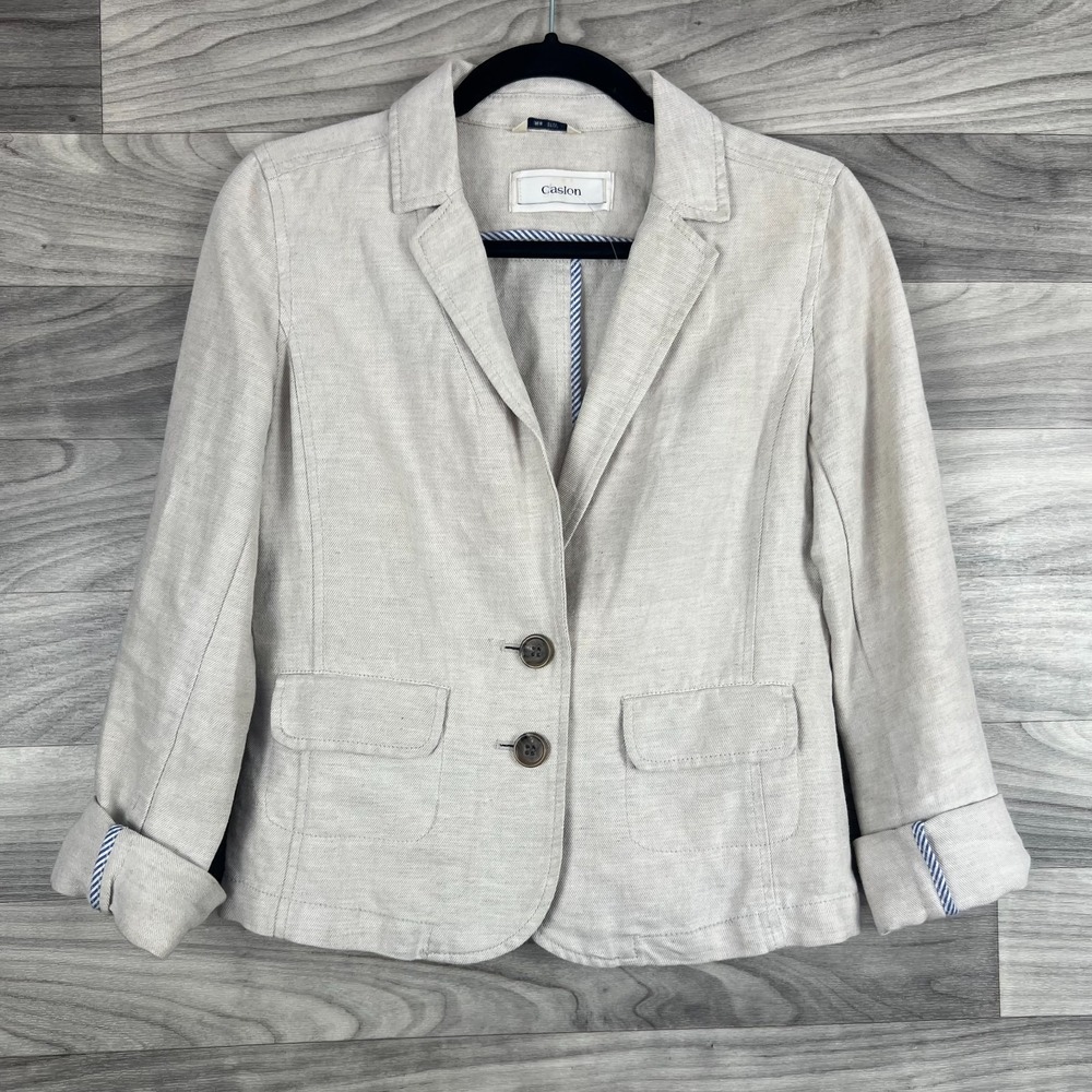 Caslon Blazer Women's Size XS‎ Beige Linen Blend Notch Lapel Two-Button Jacket